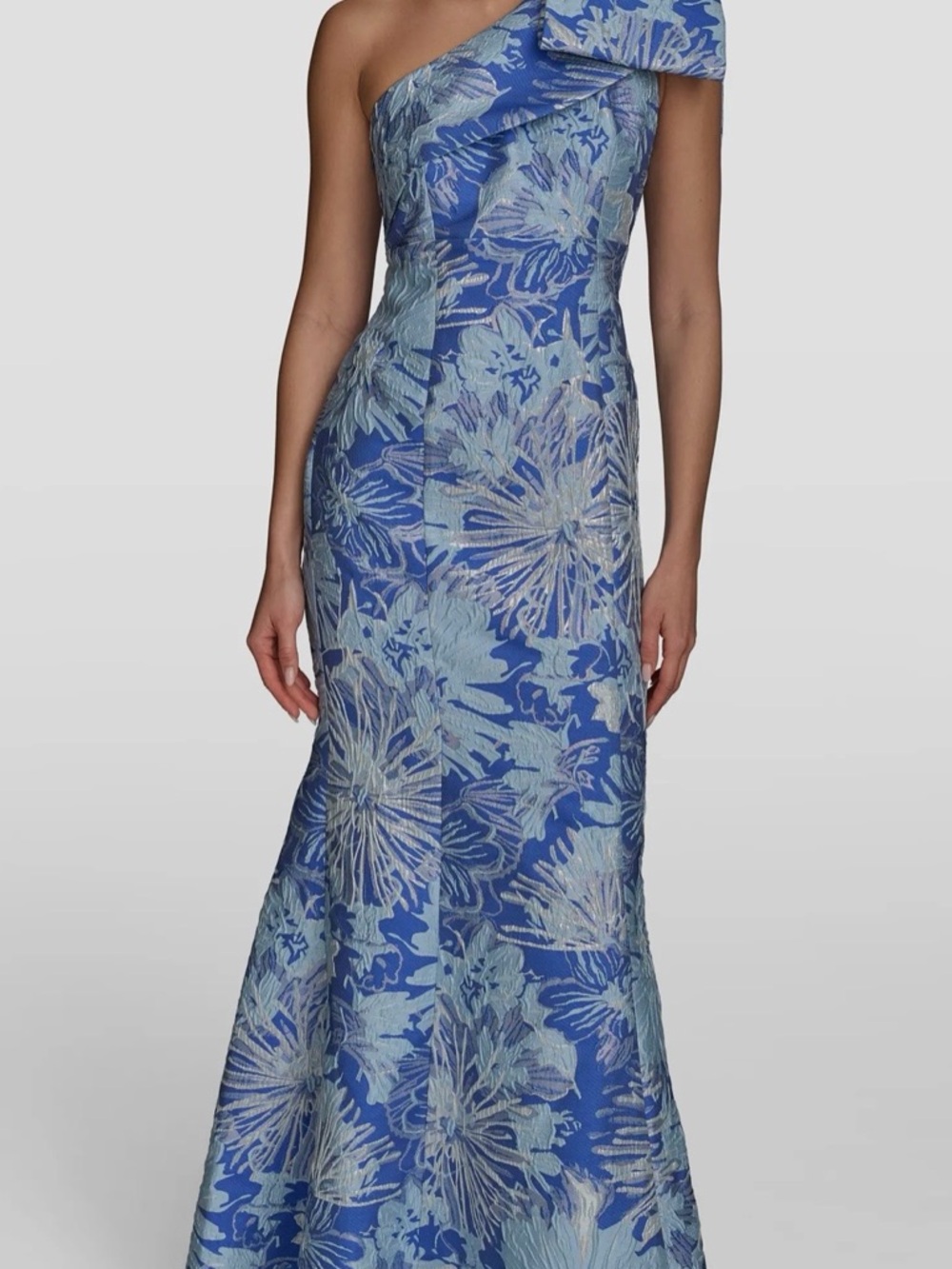 Donna Karan One-Shoulder Blue Floral Maxi Gown